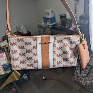 Michael Kors Tan and White Signature Logo Shoulder Bag